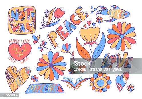 istock Vector set in hippie style with the inscription Not war, Make love, Peace, Love, hippie flowers 1371551059