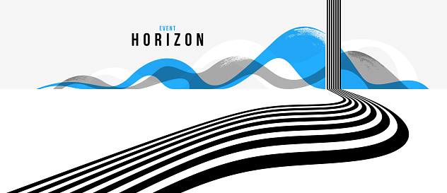 Linear composition vector road to horizon, abstract background with lines in 3D perspective, optical illusion op art, black and blue colors.