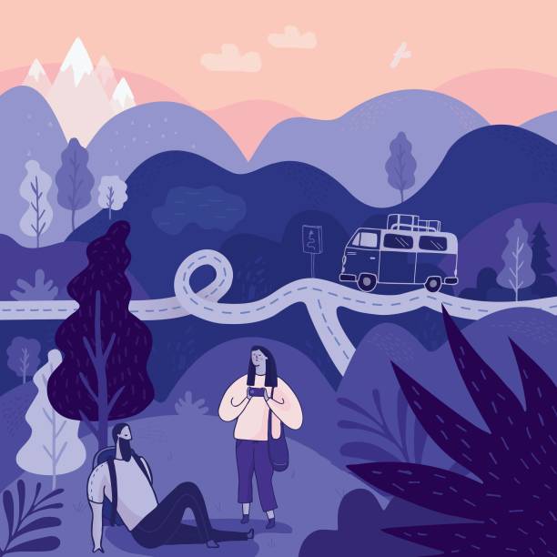 illustrazioni stock, clip art, cartoni animati e icone di tendenza di coppia in viaggio - camp hill