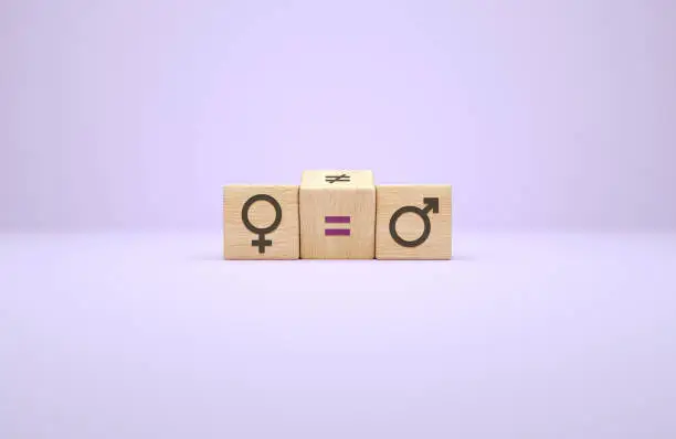 Feminism and equality concept between women and men with wooden cubes. International womens day for feminism, independence, justice, empowerment and activism for women rights