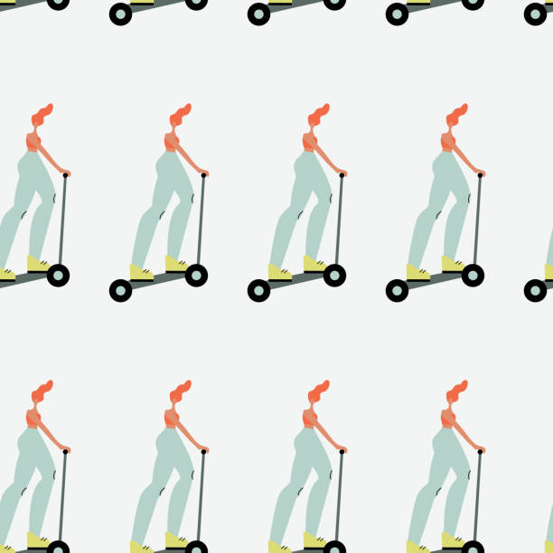 istock Seamless pattern. Vector illustration with woman riding kick scooter. Cartoon charcater. 1371552296