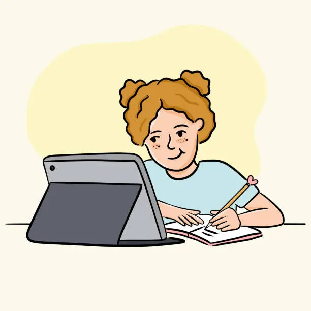 Vector illustration of Schoolgirl Doing Homework from School at Home