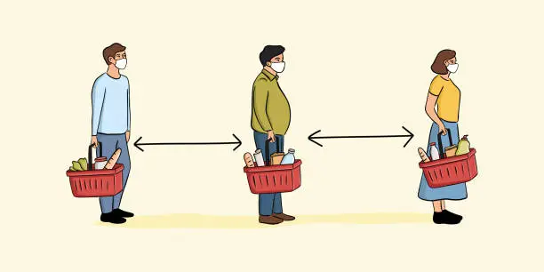 Vector illustration of Supermarkets Crowded Queue and Do Social Distancing Vector Illustration