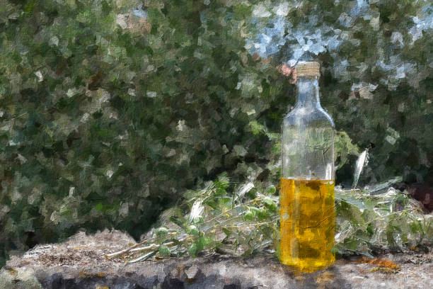 Olives and leaves on the table in the garden.