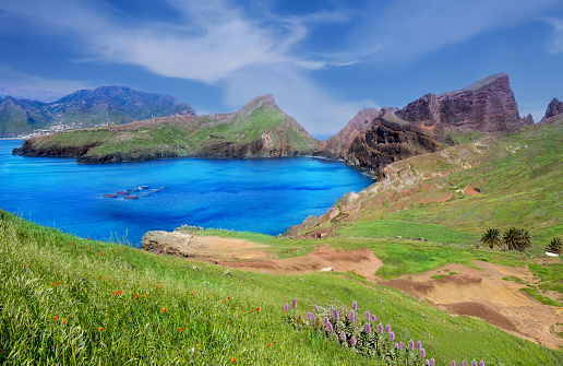 Beautiful landscape of Ponta de Sao, mountain region on the coastline of  Madeira island in summertime
