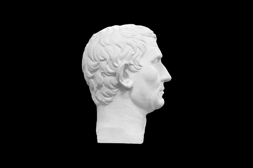 plaster man head isolated on black background. profile view. High quality photo