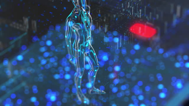 A humanoid robot inside blockchain 4K 3D animation