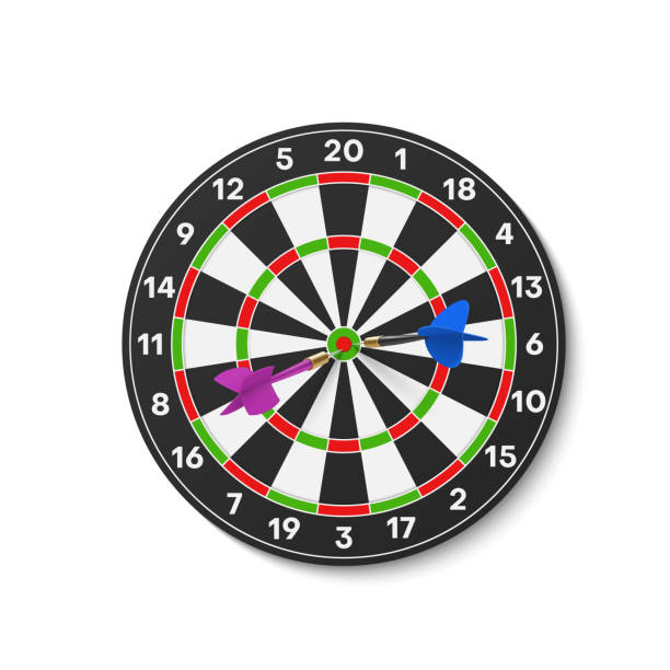 Realistic darts board with arrows in center vector dartboard goal in bullseye competition Realistic darts board with arrows in center vector illustration. Dartboard goal in bullseye competition achievement isolated. Successful business strategy, sport game leadership, target shot archery target group of objects target sport stock illustrations