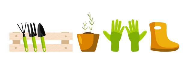 Gardening set. Tools near wooden box, garden gloves, high rubber boots, plant pot Isolated. Colored flat vector illustration. Floristry and gardening, hobby, outdoor activities. Gardeners Supply. Gardening set. Tools near wooden box, garden gloves, high rubber boots, plant pot Isolated. Colored flat vector illustration. Floristry and gardening, hobby, outdoor activities. Gardeners Supply trowel gardening shovel gardening equipment stock illustrations