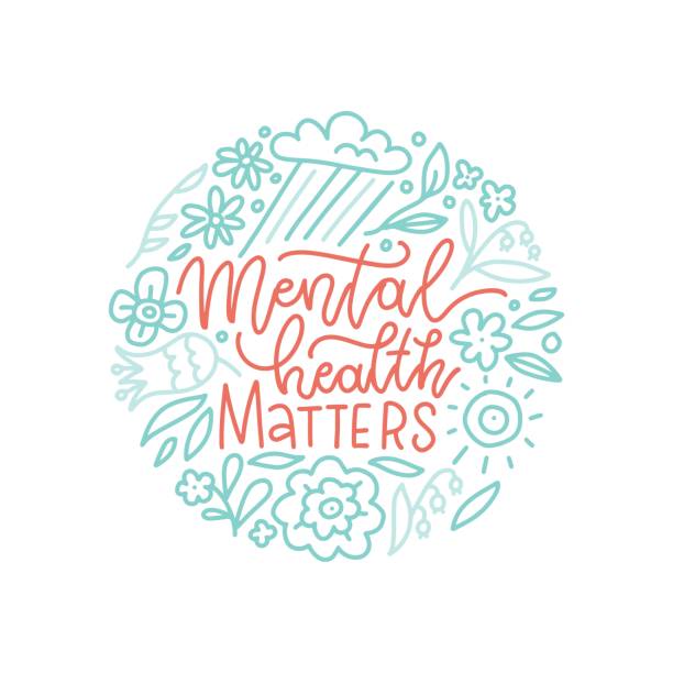 stockillustraties, clipart, cartoons en iconen met mental health matters - lettering round composition with linear natural elements. motivation quote, message with flower, cloud, cun. hand drawn line vector illustration isolated on white background. - mental health