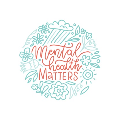 Mental health matters - lettering round composition with linear natural elements. Motivation quote, message with flower, cloud, cun. Hand drawn line vector illustration isolated on white background