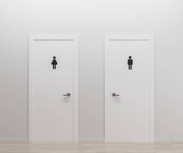 puertas de baño hombres y mujeres, puertas de wc, renderizado 3d - puertas baños fotografías e imágenes de stock
