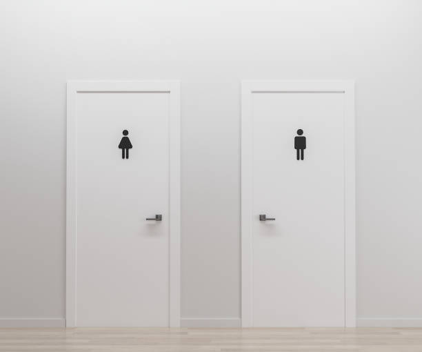 istock restroom doors men and women, WC doors, 3d render 1371561954