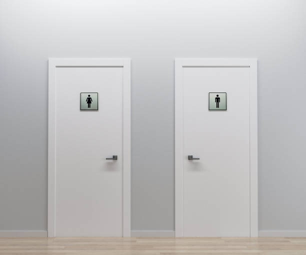 istock restroom doors men and women, WC doors, 3d render 1371561974