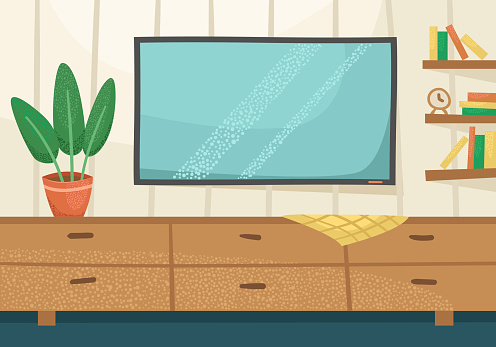 Vector illustration of the interior of a living room with a TV, a chest and a potted plant.