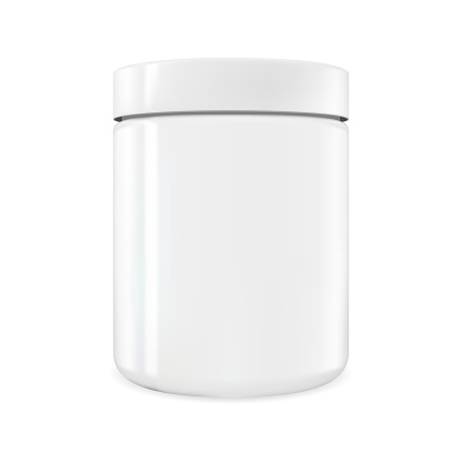 White cylinder vector mockup. Isolated plastic round bottle. Protein powder can, white canister template. Glossy supplement package template, medical pil pharmacy tablets design. Health nutrition tin