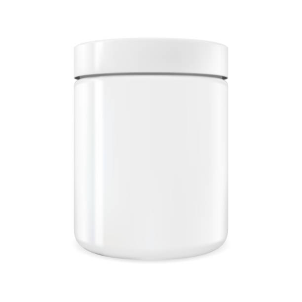 White cylinder vector mockup. Isolated plastic round bottle White cylinder vector mockup. Isolated plastic round bottle. Protein powder can, white canister template. Glossy supplement package template, medical pil pharmacy tablets design. Health nutrition tin canister stock illustrations