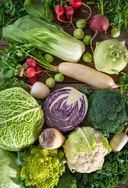 istock Crucifers vegetables assortment including cabbage, broccoli, cabbage, turnip, kale, romanesco, radish, arugula 1371564127
