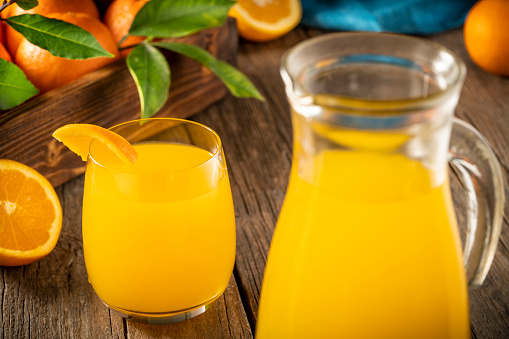 Orange juice glass on white background.