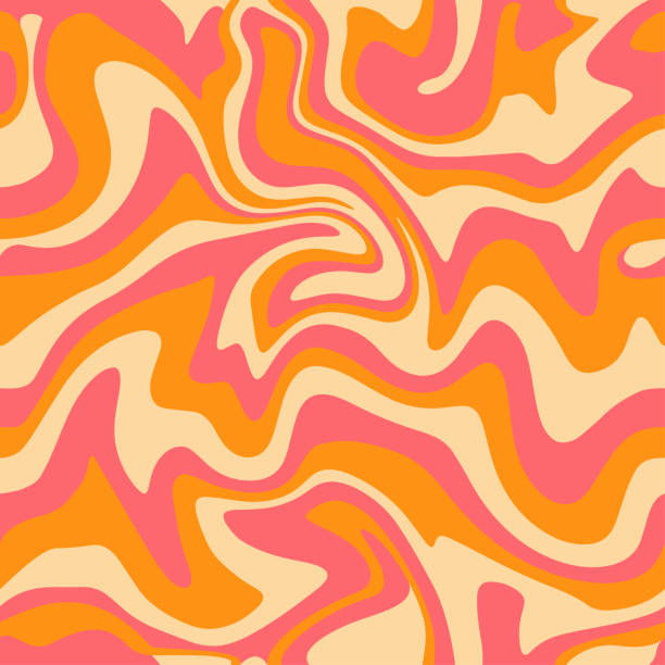 1970 wavy swirl seamless pattern in den farben orange und pink. handgezeichnete vektorillustration. siebzigerjahre-stil, grooviger hintergrund, tapete, druck. flaches design, hippie-ästhetik. - graphischer druck stock-grafiken, -clipart, -cartoons und -symbole