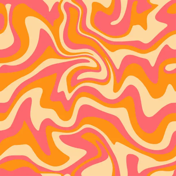 Vector illustration of 1970 Wavy Swirl Seamless Pattern in Orange and Pink Colors. Hand-Drawn Vector Illustration. Seventies Style, Groovy Background, Wallpaper, Print. Flat Design, Hippie Aesthetic.