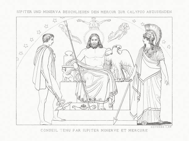ilustrações de stock, clip art, desenhos animados e ícones de council of jupiter, minerva, and mercury (odyssey), steeel engraving, 1833 - engraving minerva engraved image roman mythology