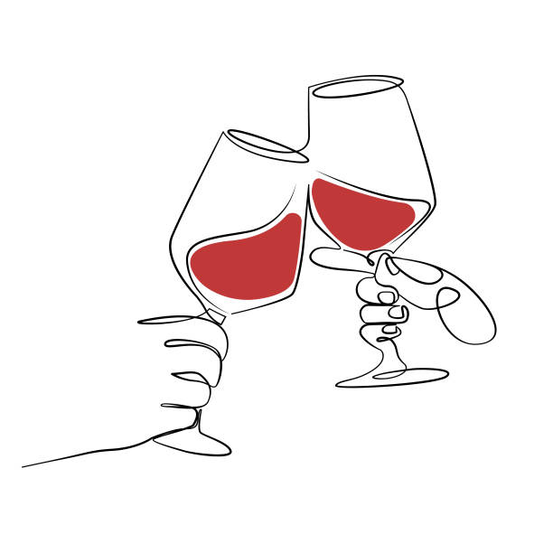 glass of wine continuous line art tattoo design glass of wine continuous line art tattoo design design icon abstract art sent valentines day happy hour illustrations stock illustrations