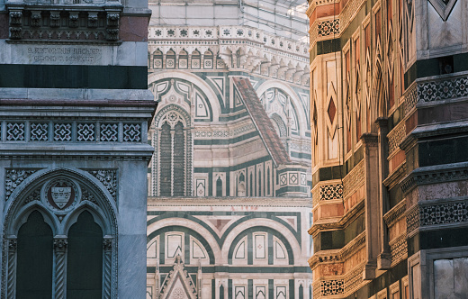 Architectural detail of Cathedral of Santa Maria del Fiore on Duomo of Florence in Italy