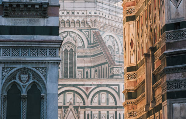 Architectural detail of Cathedral of Santa Maria del Fiore on Duomo of Florence in Italy stock photo