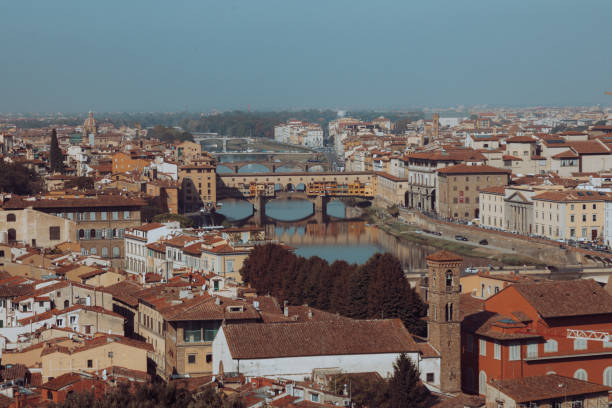 Aerial and panoramic view of Arno River, Duomo Cathedral and Ponte Vecchio and cityscape during a beautiful sunny day with clear sky, Florence, Italy. High Resolution. XXL