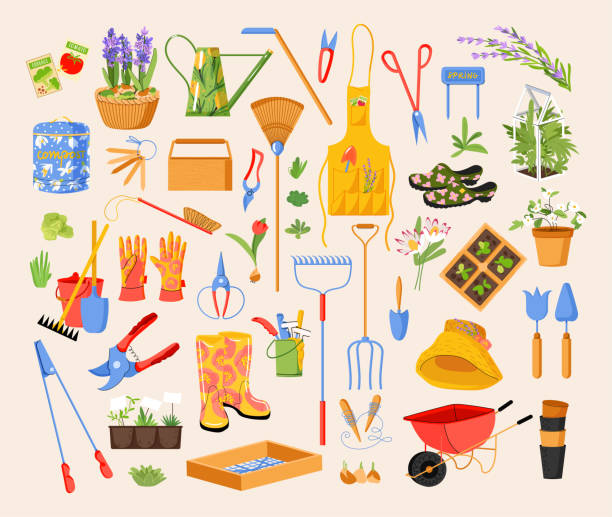 ガーデンと春のステッカーセット、花、庭の道具、種子、機器、その他。スクラップブッキング、グリーティングカード、パーティー招待状、ポスター、タグ、ステッカーキットに最適です� - trowel vegetable garden gardening seed点のイラスト素材／クリップアート素材／マンガ素材／アイコン素材