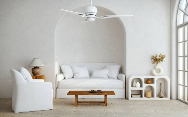 istock Living room.Mediterranean style interior.Sofa,armchairs,table and arch.3d rendering 1371582206