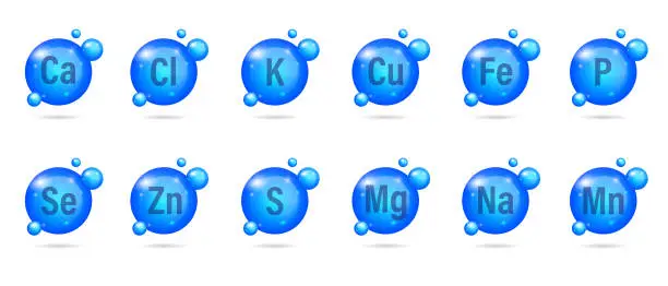 Vector illustration of Set of mineral complex. Drop pill capsule collection K, Cl, Ca, Cu, Mn, Na, Fe, Mg, Se, Zn, S, P. Multimineral pill capsule supplement illustration concept. Blue drug nutrition design