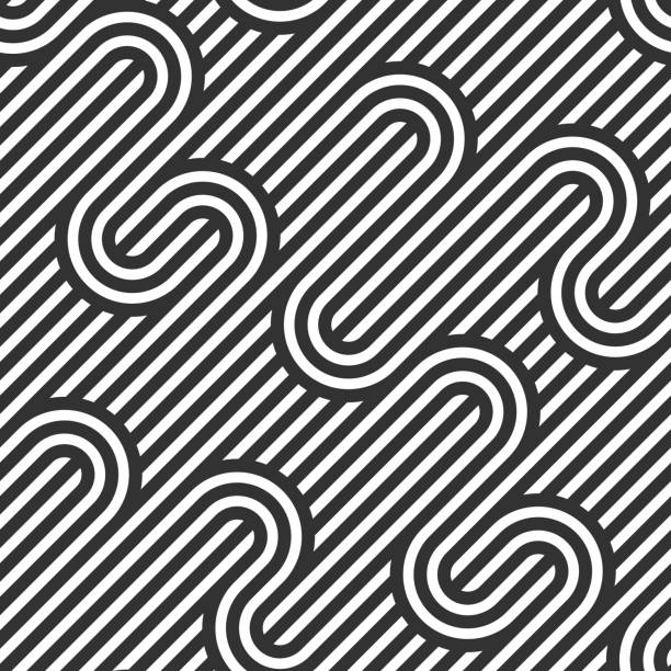 매끄러운 선형 벡터 기하학적 미니멀리즘 패턴, 추상적 인 라인 타일링 배경, 스트라이프 직조, 광학 미로, 트위스트 줄무늬. 흑백 디자인. - s shape stock illustrations