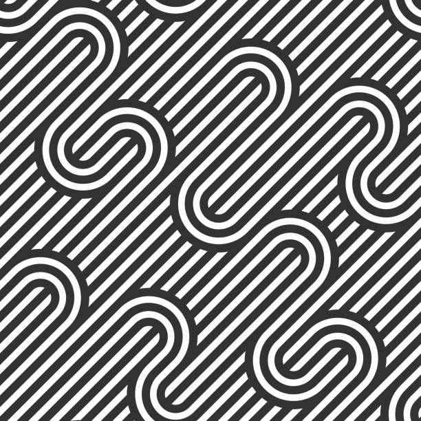 Seamless linear vector geometric minimalistic pattern, abstract lines tiling background, stripy weaving, optical maze, twisted stripes. Black and white design. Seamless linear vector geometric minimalistic pattern, abstract lines tiling background, stripy weaving, optical maze, twisted stripes. Black and white design. s shape stock illustrations