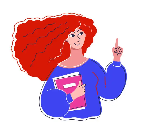 Vector illustration of Young woman holding index finger up.
