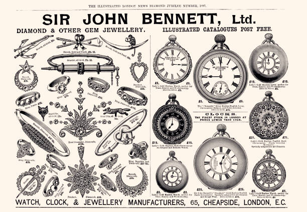 JEWELLERY MANUFACTURERS  (XXXL with lots of details ) Watch, clock, and Jewellery manufacturers. Vintage engraving circa late 19th century. Digital restoration by Pictore. the past illustrations stock illustrations