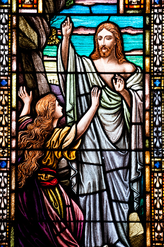 Shrewsbury, United Kingdom - June 13, 2011: Detail of a stained glass window in the church of St. Mary Magdalene in Battlefield, Shrewsbury, England.