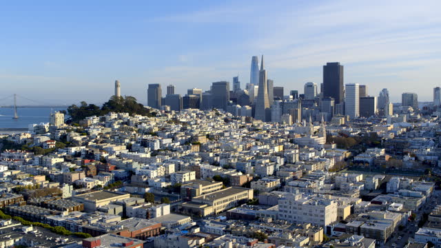 Aerial Drone Fly Over View of San Francisco going west over city neighborhoods,