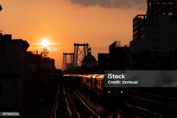Sunset Subway Train Stock Photo - Download Image Now - Bridge - Built Structure, Brooklyn - New York, New York City