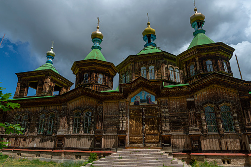 The Russian Orthodox Holy Trinity Cathedral in Karakol, Kyrgyzstan.