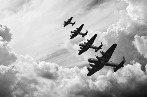 Black and white retro image Battle of Britain WW2 airplanes