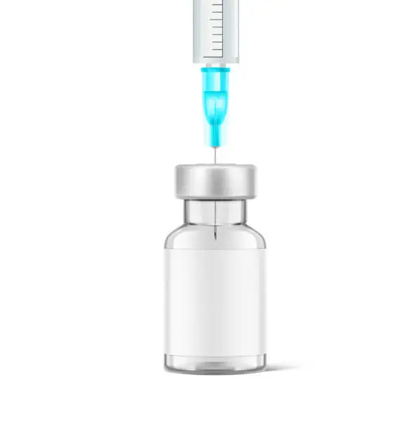 Vector illustration of Transparent glass bottle for vaccine injections mockup.