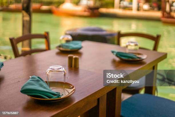 Riverside Restaurant Stock Photo - Download Image Now - Architecture, Chair, Color Image