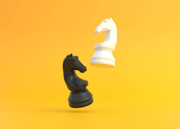 realistischer ritter auf leuchtend gelbem hintergrund mit kopierraum - armed forces black yellow chess pawn stock-fotos und bilder