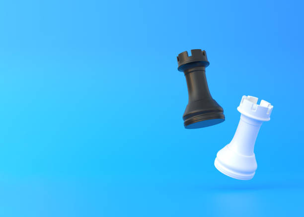 torre realistica su sfondo blu brillante con spazio di copia - strategy chess conflict chess board foto e immagini stock