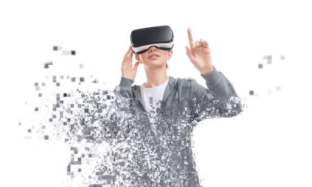 Pixelated shot of female in VR glasses touching invisible screen and interacting with cyberspace on white background