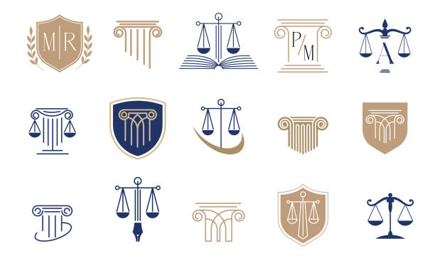 ilustrações, clipart, desenhos animados e ícones de coleção de ícones de escala. projeto de direito, finanças, advogado e logotipo de negócios. design conceitual moderno e luxuoso e luxuoso - justice