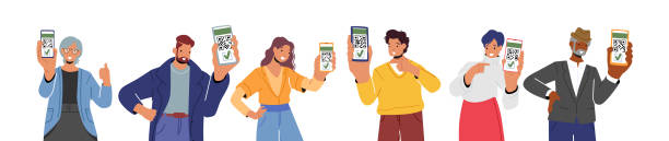 illustrations, cliparts, dessins animés et icônes de passeport vaccinal, concept de laissez-passer sanitaire numérique. les jeunes et les personnes âgées montrent des certificats de coronavirus avec un code qr - tenir