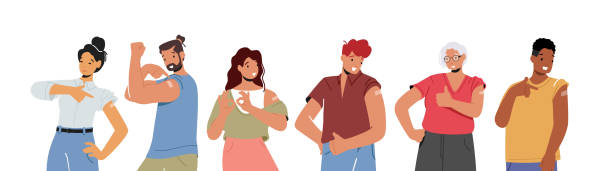 Set of Young Persons Immunization, Vaccination, Health Care Concept. Vaccinated People, Positive Characters Show Patch Set of Young Persons Immunization, Vaccination, Health Care Concept. Vaccinated People, Positive Male Female Characters Show Patch on Shoulder Isolated on White Background. Cartoon Vector Illustration bandage arm stock illustrations